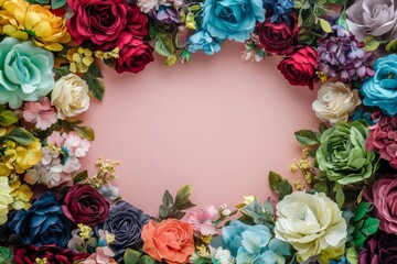 Fototapeta premium Elegant floral border with vibrant flowers lush greenery on light background. Ideal for decorative designs wedding invitations or romantic designs valentines day, mother's day, women's day