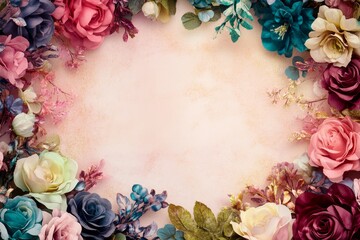 Elegant floral border with vibrant flowers lush greenery on light background. Ideal for decorative designs wedding invitations or romantic designs valentines day, mother's day, women's day