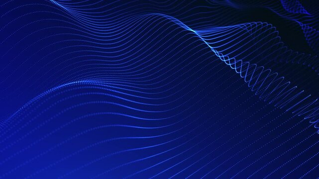 Chromatic wavy space, blue color. Blue linear waves. Black blue gradient background. Distant perspective. Obsessed. Circular repetition of digital liquid texture.