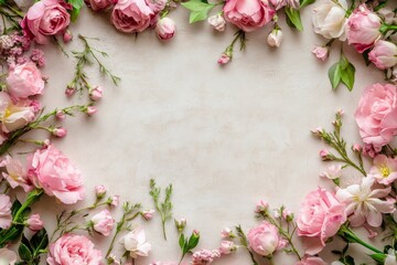 Elegant floral border with vibrant flowers lush greenery on light background. Ideal for decorative designs wedding invitations or romantic designs valentines day, mother's day, women's day