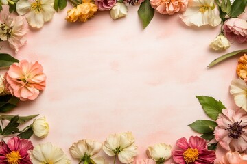 Elegant floral border with vibrant flowers lush greenery on light background. Ideal for decorative designs wedding invitations or romantic designs valentines day, mother's day, women's day