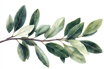 An olive tree branch with leaves on a white background, detailed photo in the style of png. 