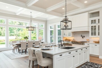 Spacious open concept kitchen with dining area and large windows in a modern home