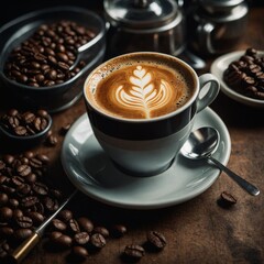 Rustic coffee cup filled with hot mocha and chocolate shavings surrounded by coffee beans on a table