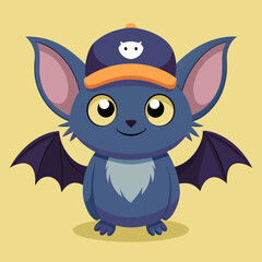 Cute cartoon bat with a smile wearing a blue and orange baseball cap with a white bat on it, on a yellow background.
