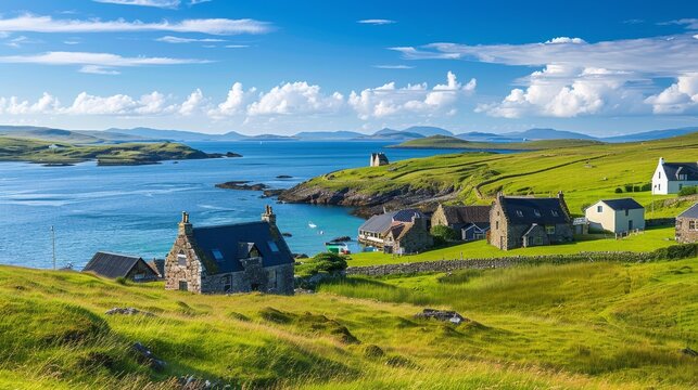 Scenic view of lewis and harris island at gearrannan blackhouse village, outer hebrides, scotland