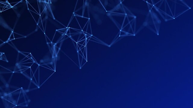Blue chemical plexus of molecules. Blue Particles connected by lines. Symmetrical scientific background. Molecular formula corner half background blank. Looped structure of elements. Tech blue 