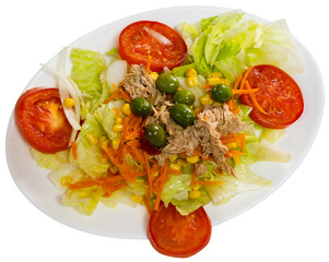 There are large pieces of fresh vegetables and canned fish on plate. Vitamin salad of fresh vegetables, china cabbage, olives, carrot and tinned tuna fillet. Isolated over white background