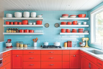 Bright and colorful kitchen showcasing bold red cabinets and cheerful decor