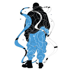 artwork of a figure with flowing lines and electric patterns.
