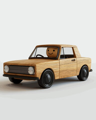 Toy vintage carved wood car isolated on white background 