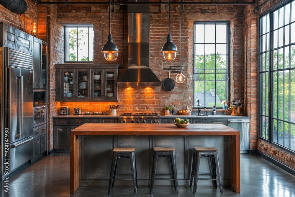 Wall mural Industrial urban loft kitchen with large windows, modern appliances, and rustic charm