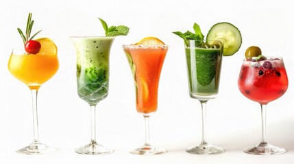 Variety of colorful healthy cocktails served in elegant glassware on a bright background