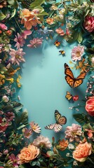 Fototapeta premium Open typography area surrounded by blooming flowers and a butterfly to one side, spring vibe