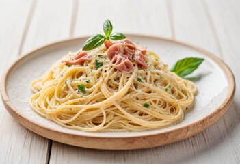 Spaghetti Carbonara with Bacon, Basil, and Cheese on Wooden Surface