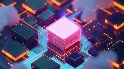 Abstract Digital Circuitry with Glowing Pink Cube
