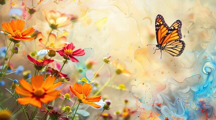Blank space for text with colorful flowers and a butterfly, spring vibe