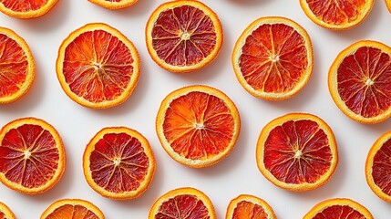   Grapefruits sliced in half on white surface, whole grapefruits in foreground and background