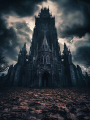 Obraz premium Arafed Gothic Castle is in the middle, with a door and stairs leading to a dark sky. There is a fantasy scene with a spooky haunted castle at night.