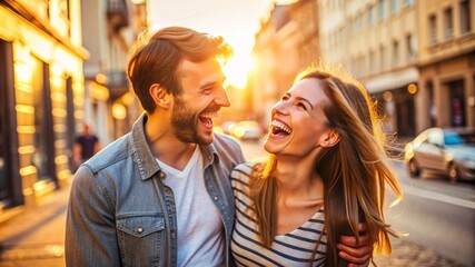 Naklejka premium Candid portrait, young couple laughing, city street, golden hour, joyful mood.