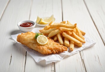 Classic Fish and Chips with Lemon and Parsley on Wooden Board