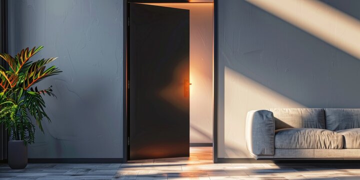 Half opened door leading into a cozy interior