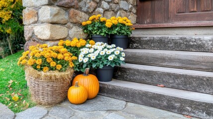 Decorations of pumpkins, colorful chrysanthemums, and hay bales adorn the wooden staircase, creating a warm atmosphere for autumn celebrations