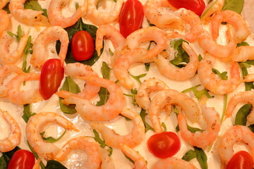 Swedish cake called smörgåstårta or smorgasboard. Shrimps and vegetables. Lunch and dinner time. 