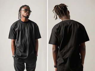 Oversized black T-shirt mockup front and back view on a model.