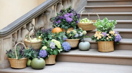 Naklejka premium Decorations of pumpkins, colorful chrysanthemums, and hay bales adorn the wooden staircase, creating a warm atmosphere for autumn celebrations