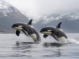 Obraz premium Orcas leaping out of the water in front of a mountain range