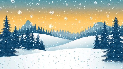 Naklejka premium Snow-covered pine trees in a yellow and blue sky, with falling snowflakes on the ground below