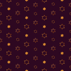 Seamless pattern of golden stars of David on dark purple background.