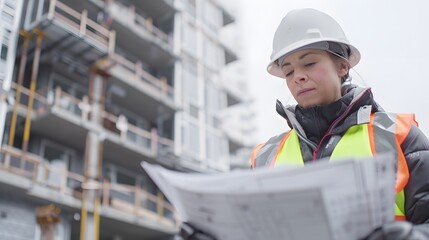 construction worker head which is wearing the safety helmet and checking work at the construction site. Non-existent person.