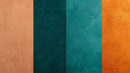 Fototapeta premium Four colors of paint drying on a wall create a vintage abstract background. Blue, green, orange, and brown blend into a unique pattern. The old, rough surface adds a grunge touch