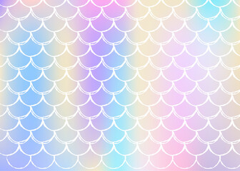 Holographic scale background with gradient mermaid. Bright color transitions. Fish tail banner and invitation. Underwater and sea pattern for girlie party. Spectrum backdrop with holographic scale.