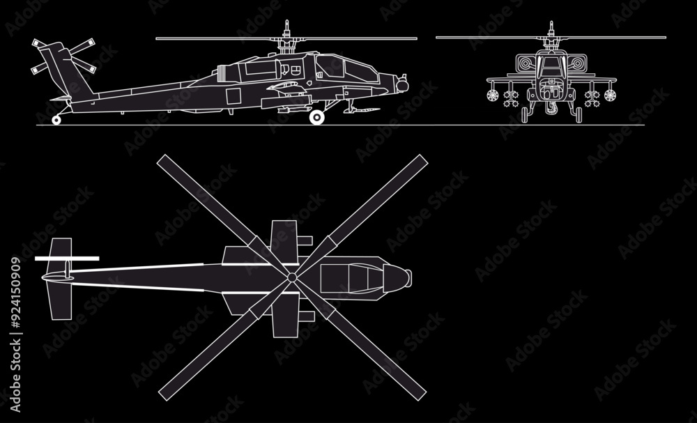 Sticker Vector drawing of an Apache military attack helicopter.  General view.  Top, side and front view. Cad scheme.