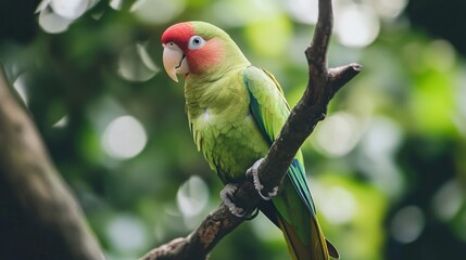 Obraz premium Closeup of a rose-ringed parakeet on a branch.