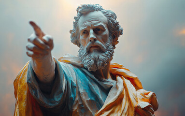 Obraz premium A vibrant and expressive statue of a bearded figure, pointing forward with a determined expression. The statue is adorned with colorful drapery, creating a striking contrast