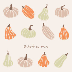 Collection of hand-drawn pumpkins in various colors and shapes, showcasing autumn harvest aesthetics