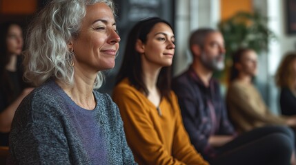 Obraz premium Middle-aged friends gather for meditation, focusing on breathing and shared moments of peace.
