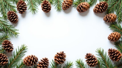 Naklejka premium Festive Pine Cones and Evergreen Branches in a Circular Frame, Ideal for Holiday Decorations