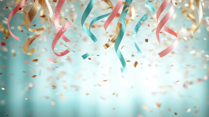 A joyful celebration scene featuring colorful ribbons and confetti cascading against a soft blue background. The vibrant colors and playful movement create a festive and cheerful atmosphere.