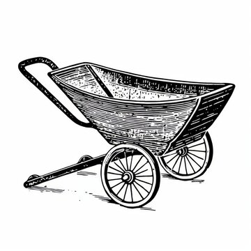 recommend clip art: Vintage Wooden Wheelbarrow Illustration - Antique Farming Equipment Drawing for Rustic Decor and Historical Themes