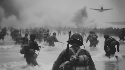 Digitally restored vintage World War II photo of American troops wading ashore on Omaha Beach during the D-Day invasion on June 6, 1944.
