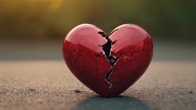 A cracked red heart rests on a sunlit path, symbolizing heartbreak and the fragility of love