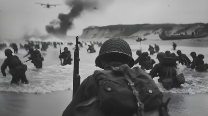 Digitally restored vintage World War II photo of American troops wading ashore on Omaha Beach during the D-Day invasion on June 6, 1944.
