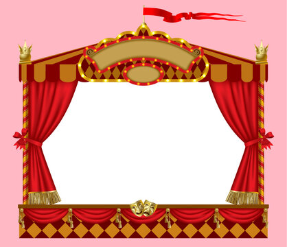 A colorful frame in the form of theatrical scenes and puppet show booth isolated on pink background. Artistic poster in 3d style. Vector illustration