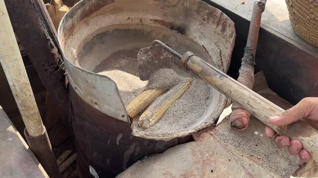 Corn cob roasted in salt. Bhutto roasted in salt. Corn cob street food. Challi in street food. 