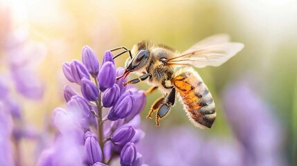  A high-focus bee on a purple flower against a soft backdrop